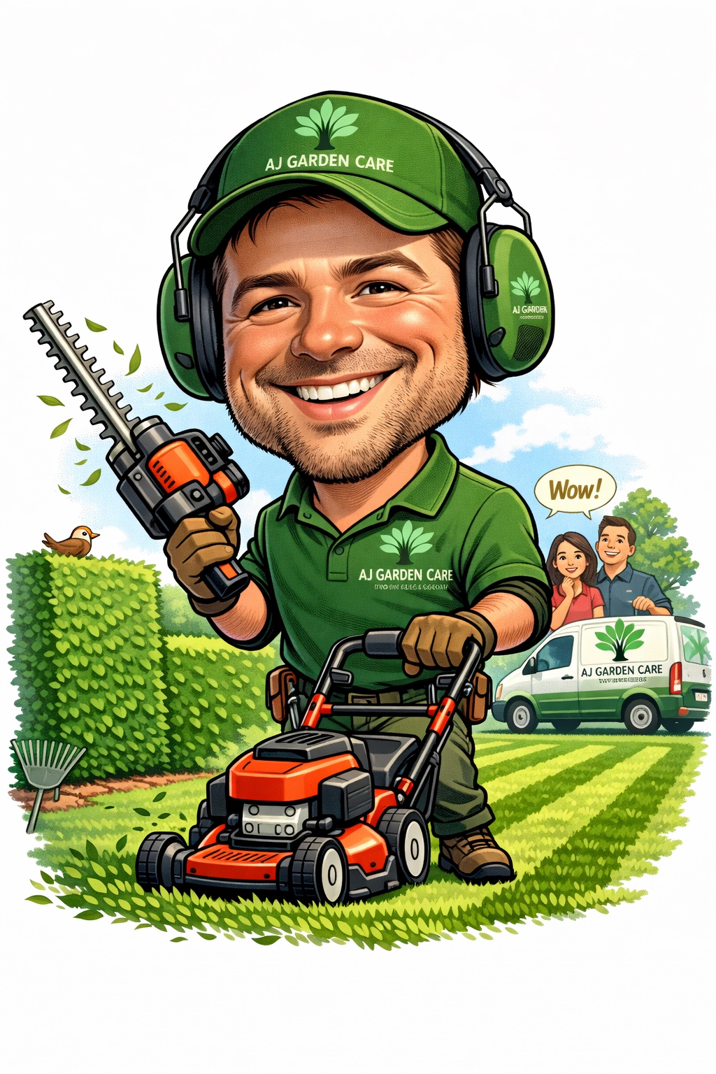 Illustrated AJ Garden Care mascot of Jordan with a mower and hedge cutter